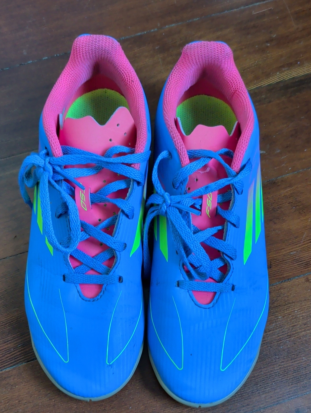 adidas Kids Blue Sneakers with Pink Lining and Neon Green Accents
